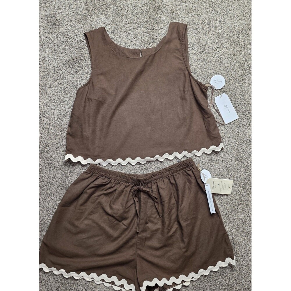 NWT Midnight Sky Linen Blend Short Set Size  Large Ric Rac Trim Brown Cream